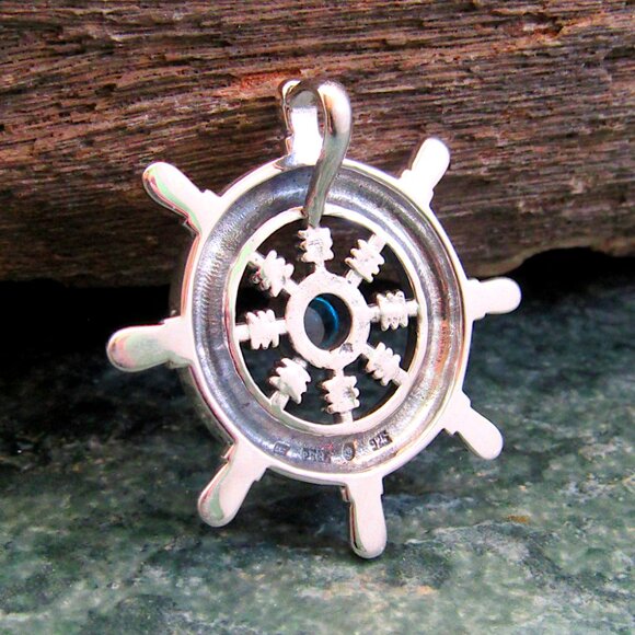Solid 925 Sterling Silver Celtic Ship Wheel Helm Nautical Pendant w/ Gemstone - Picture 5 of 13